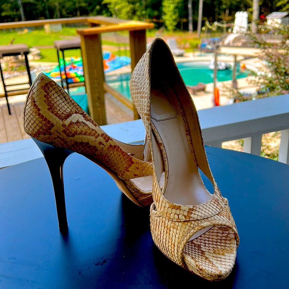 Python, camel and beige Christian Dior peep toe pumps